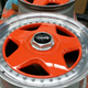 Freshly painted orange wheels.